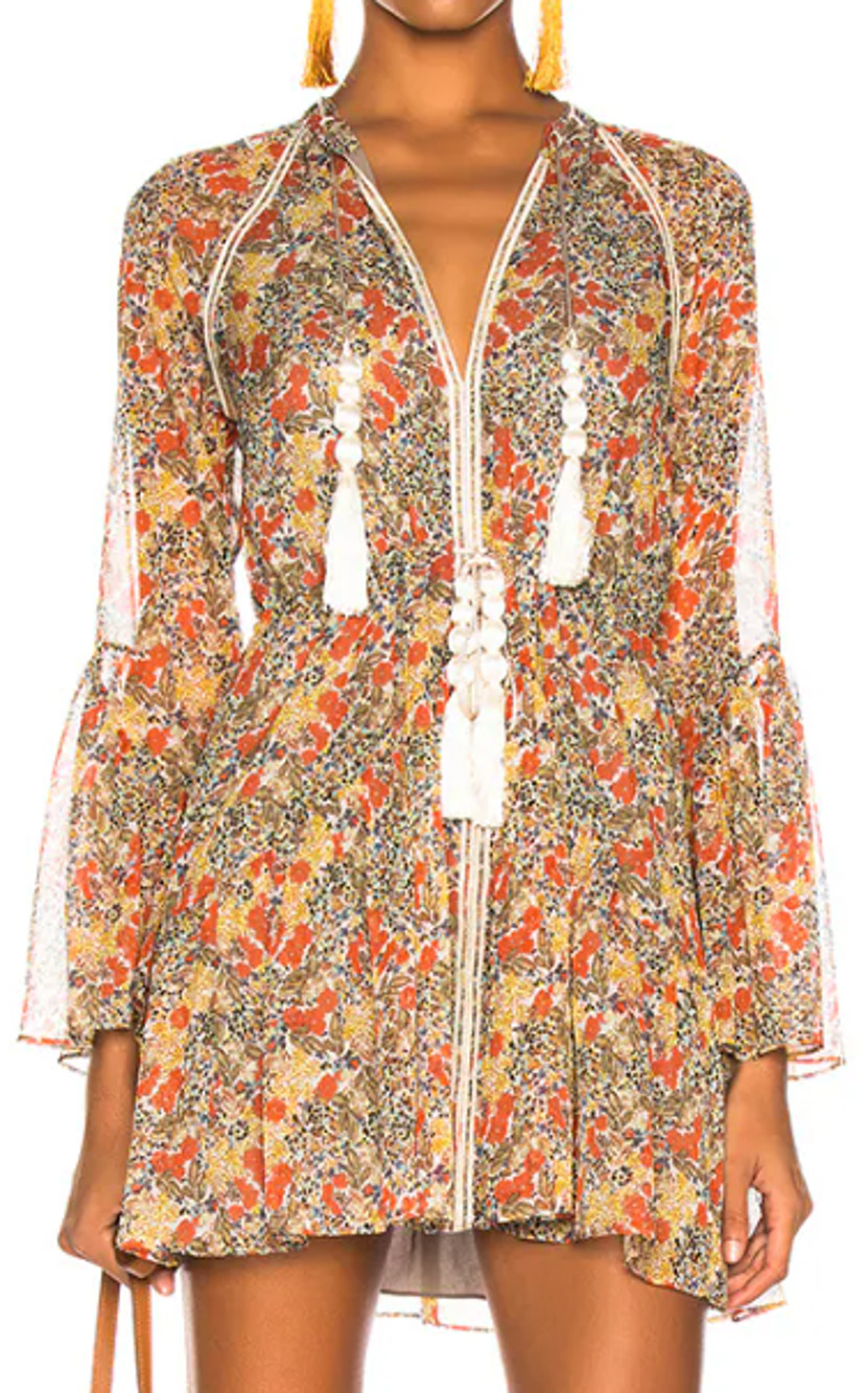 NWT Alexis Cicely Semi-Sheer Tassel Tie Mini Dress Garden Print Women's Small